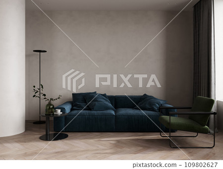 Minimalist living room interior with modern blue sofa, green armchair and beige plasters walls. Interior mockup, 3d render Minimalist living room interior with modern blue sofa, green armchair and beige plasters walls. Interior mockup, 3d render 109802627