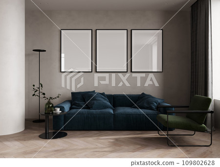 Three poster frames mock up in modern home living room interior with blue sofa and coffee table with decor, 3d render 109802628