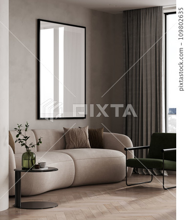 Poster frame mock-up in home interior background with modern sofa, table and decor in living room, 3d render 109802635