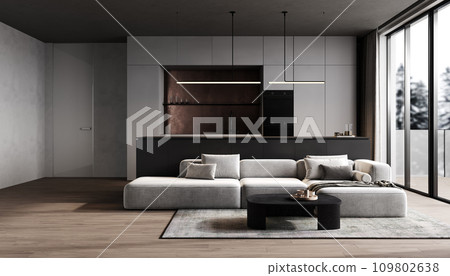 Modern kitchen and dining room interior with furniture and kitchenware, grey and black kitchen interior background, luxury kitchen, 3d rendering Modern kitchen and dining room interior with furniture and kitchenware, grey and black kitchen interior background, luxury kitchen, 3d rendering 109802638