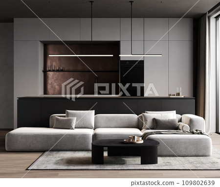 3d render of a modern contemporary minimalist kitchen with black and white cabinets, copper backsplash and light gray sofa. 3d render of a modern contemporary minimalist kitchen with black and white cabinets, copper backsplash and light gray sofa. 109802639