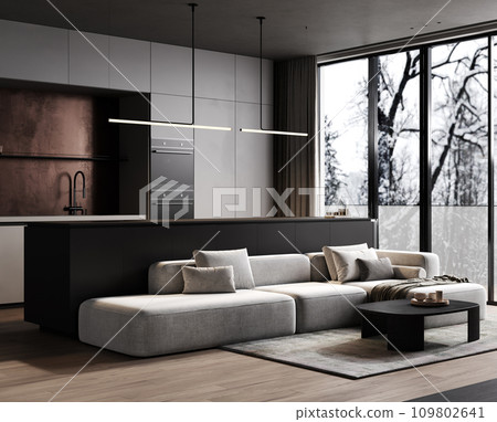 Dining room, living and kitchen in a new open plan home, 3d rendering Dining room, living and kitchen in a new open plan home, 3d rendering 109802641