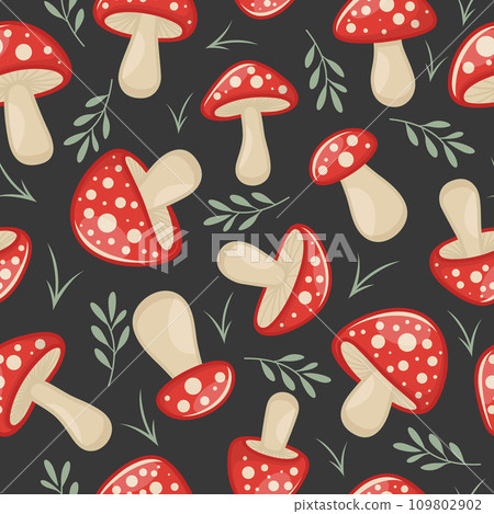 Vector Seamless Pattern with Hand Drawn Cartoon Mushrooms on a Black Background. Amanita Muscaria, Fly Agaric Illustration. Print with Mushrooms. Magic Mushroom Symbol, Design Template 109802902