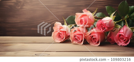 valentines day red roses on wood background 109803216