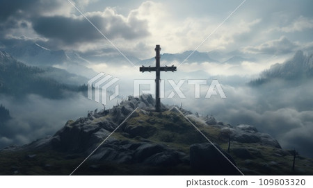 the cross surrounded by clouds and fog the cross surrounded by clouds and fog 109803320
