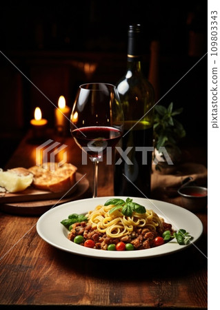 Tasty Italian dinner, rich in flavors, inviting wine, and ideal copy space 109803343