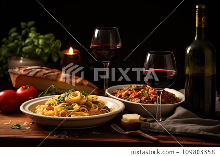 Tasty Italian dinner, rich in flavors, inviting wine, and ideal copy space 109803358