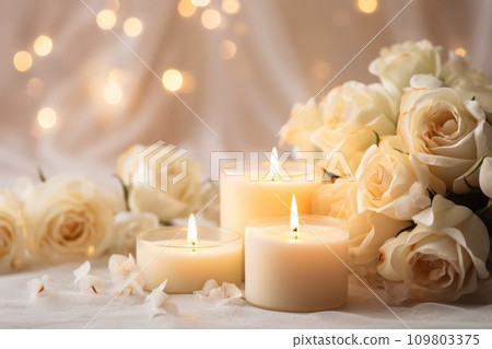 Wedding background, candles, delicate decor, and space for love-filled declarations Wedding background, candles, delicate decor, and space for love-filled declarations 109803375