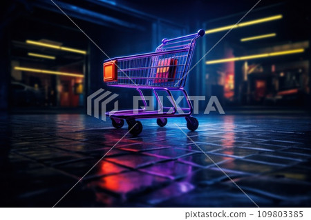 shopping cart at night on a dark neon floor shopping cart at night on a dark neon floor 109803385