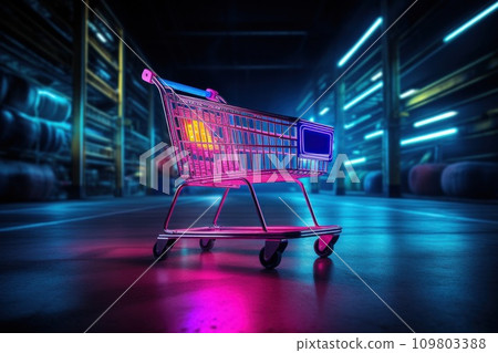 shopping cart at night on a dark neon floor 109803388