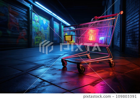 shopping cart at night on a dark neon floor shopping cart at night on a dark neon floor 109803391