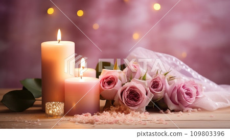 Wedding background, candles, delicate decor, and space for love-filled declarations 109803396