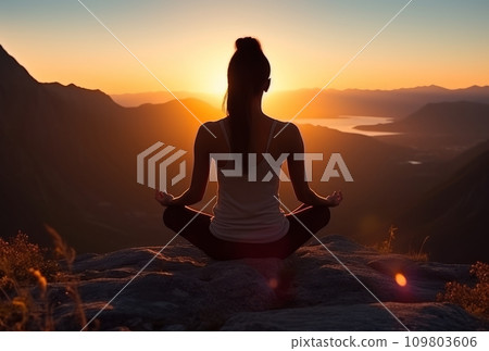 the woman is meditating at sunset on the top of a mountain the woman is meditating at sunset on the top of a mountain 109803606