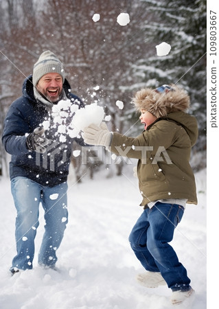 Dad and son enjoy a snowy day, playful snowball fights 109803667