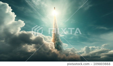there is a rocket that launch in front of a cloud 109803668
