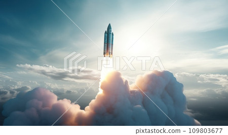 there is a rocket that launch in front of a cloud 109803677