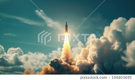 there is a rocket that launch in front of a cloud 109803695