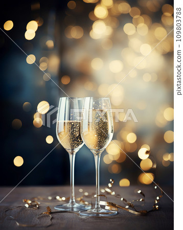 Glasses of light champagne on a blue background with bokeh lights. Celebrating Christmas and New Year. Glasses of light champagne on a blue background with bokeh lights. Celebrating Christmas and New Year. 109803788