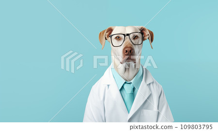 Big dog in medical coat and glasses on light blue background. Big dog in medical coat and glasses on light blue background. 109803795