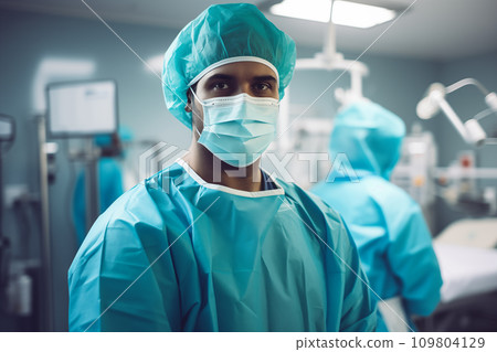doctor in a surgical suit and mask against the background of the operating room 109804129