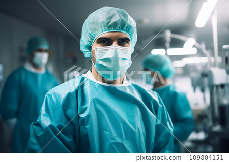 medic in a surgical suit and mask against the background of the operating room 109804151