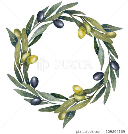 Wreath with watercolor olive tree branch with leaves, green and black olives fruit isolated on white background. Hand painted floral illustration, frame for design, logo, menu, healthly food Wreath with watercolor olive tree branch with leaves, green and black olives fruit isolated on white background. Hand painted floral illustration, frame for design, logo, menu, healthly food 109804169