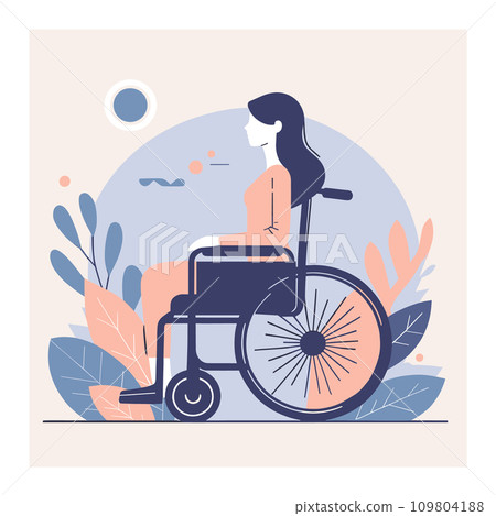 A woman is sitting peacefully in a wheelchair surrounded by plants in a vector illustration. A woman is sitting peacefully in a wheelchair surrounded by plants in a vector illustration. 109804188