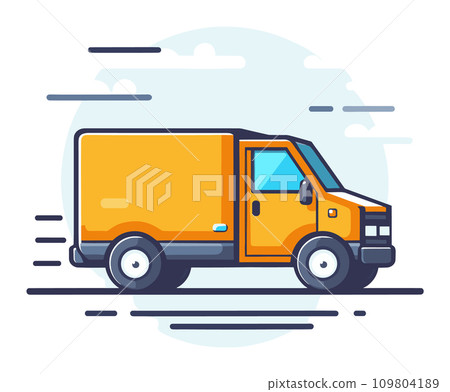 A yellow delivery truck is swiftly moving along the road in this vector illustration. 109804189