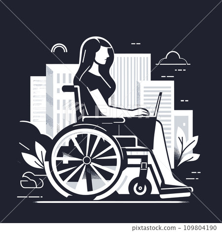 A woman in a wheelchair is working on her laptop in a vector illustration. 109804190