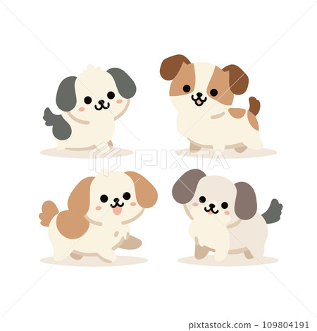 A collection of cute cartoon puppies in different poses is shown in this vector illustration. A collection of cute cartoon puppies in different poses is shown in this vector illustration. 109804191