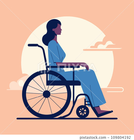 A woman is sitting calmly in a wheelchair against a sunset backdrop in this vector illustration. 109804192