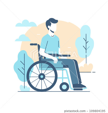 Young adult male in a wheelchair at the park, calm and serene. Disability accessibility and inclusive society vector illustration. 109804195