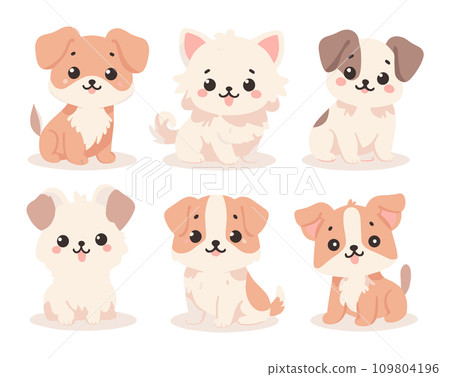 Set of six cute cartoon dogs with various fur colors sitting and smiling. Adorable puppies with happy expressions vector illustration. Set of six cute cartoon dogs with various fur colors sitting and smiling. Adorable puppies with happy expressions vector illustration. 109804196
