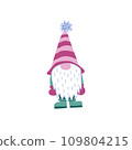 Christmas gnome. A colorful flat illustration of a short character with white beard, striped conical pompom hat, and a big round nose. Isolated on white background. 109804215