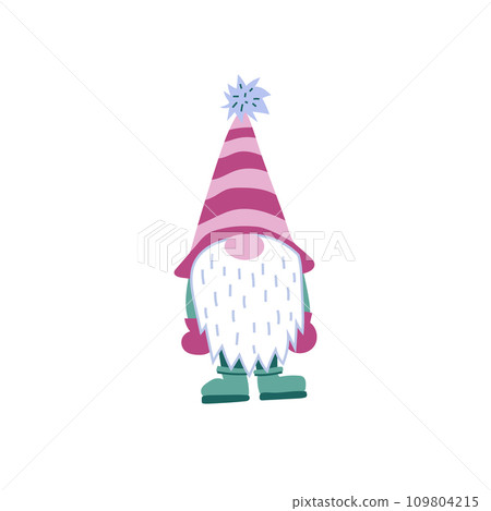 Christmas gnome. A colorful flat illustration of a short character with white beard, striped conical pompom hat, and a big round nose. Isolated on white background. Christmas gnome. A colorful flat illustration of a short character with white beard, striped conical pompom hat, and a big round nose. Isolated on white background. 109804215