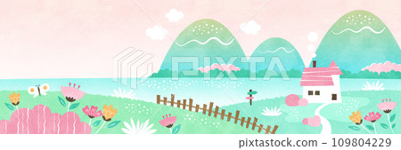 Blooming spring natural landscape Watercolor illustration of flower garden and seaside house Blooming spring natural landscape Watercolor illustration of flower garden and seaside house 109804229