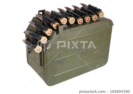 Ammo box with ammunition belt and 12.7mm cartridges for heavy machine gun. Ammo box with ammunition belt and 12.7mm cartridges for heavy machine gun. 109804390