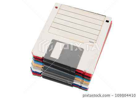 Colored old retro floppy diskettes in stack. 109804410