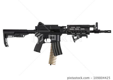 Carbine with belt-fed upper receiver that convert AR-15 or M16 from a standard, magazine rifle to light machine gun. Isolated on a white Carbine with belt-fed upper receiver that convert AR-15 or M16 from a standard, magazine rifle to light machine gun. Isolated on a white 109804425