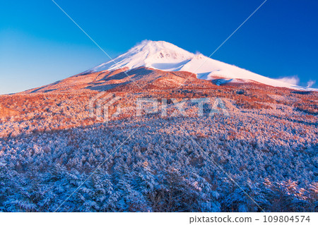 （靜岡縣）黎明時分，富士山被新雪覆蓋，雪煙繚繞 109804574