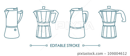 Set of modern and classic moka pots icons in outline style with editable stroke. Vector isolated collection of coffee makers. Set of modern and classic moka pots icons in outline style with editable stroke. Vector isolated collection of coffee makers. 109804612