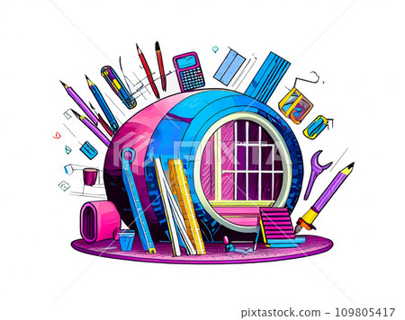 用文具和工具設計的藝術房子的插圖[AI生成的圖像] 109805417