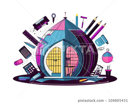 用文具和工具設計的藝術房子的插圖[AI生成的圖像] 109805431