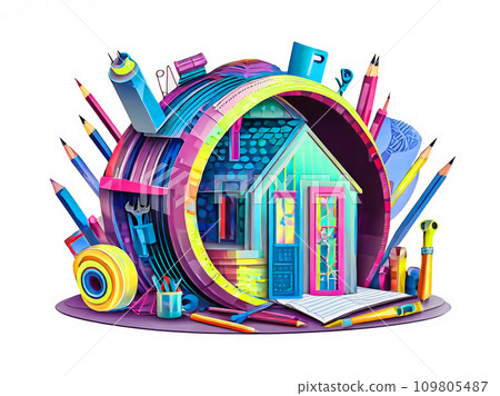 Illustration of an artistic house designed with stationery and tools [AI generated image] 109805487