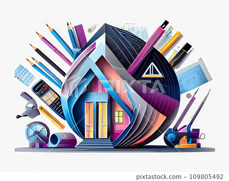 Illustration of an artistic house designed with stationery and tools [AI generated image] 109805492