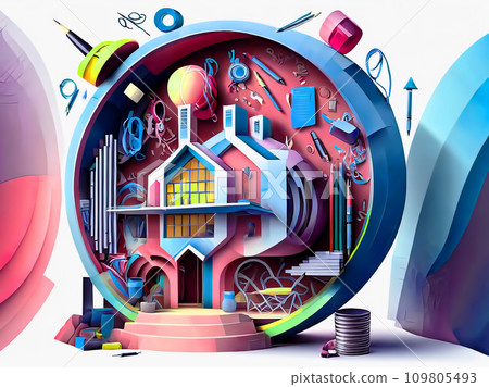 Illustration of an artistic house designed with stationery and tools [AI generated image] 109805493