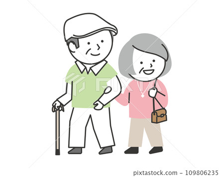 微笑的老夫婦手牽手走路 109806235