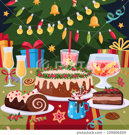 Christmas table poster. Cartoon festive winter holidays meal, traditional dishes on table, holiday pastry and desserts flat vector background illustration 109806889