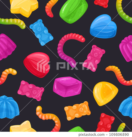 Gummy jelly seamless pattern. Cartoon chewy jelly candies, gummy bear and worms marmalade flat vector background illustration. Jelly sweets endless backdrop 109806890