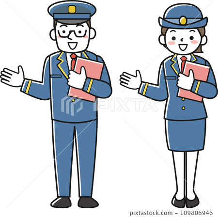 A female station staff member and a male station staff member hold a file in their hands and guide them. A female station staff member and a male station staff member hold a file in their hands and guide them. 109806946